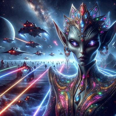 The primary subject of the image is a woman with elf ears, wearing a colorful dress and a crown. She is standing in front of a backdrop featuring a space scene with multiple spaceships. The visual style of the image is digital art, and the colors and mood are vibrant and lively.